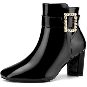 BLISSFUL STEP Women's Square Toe Chunky Heel Rhinestone Buckle Decor Ankle Boots - 1 of 4