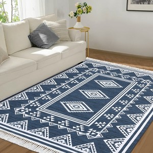 Indoor Tassel Area Rug for Bedroom Living Room - Washable Bordered Farmhouse Carpet, Non-Slip Soft Low Pile Stain-Resistant Mat - 1 of 4