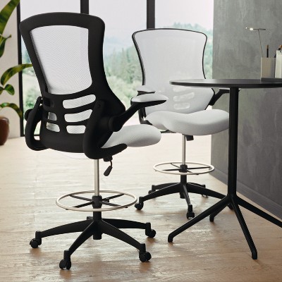 White Mesh and Leather Ergonomic Drafting Chair with Adjustable Arms