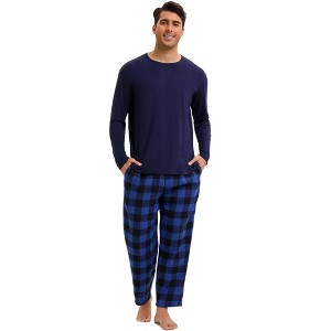 INSPIRE CHIC Men's Long Sleeve Solid Color Nightwear Casual Plaid Pattern Pajamas Set 2 Pieces - 1 of 4