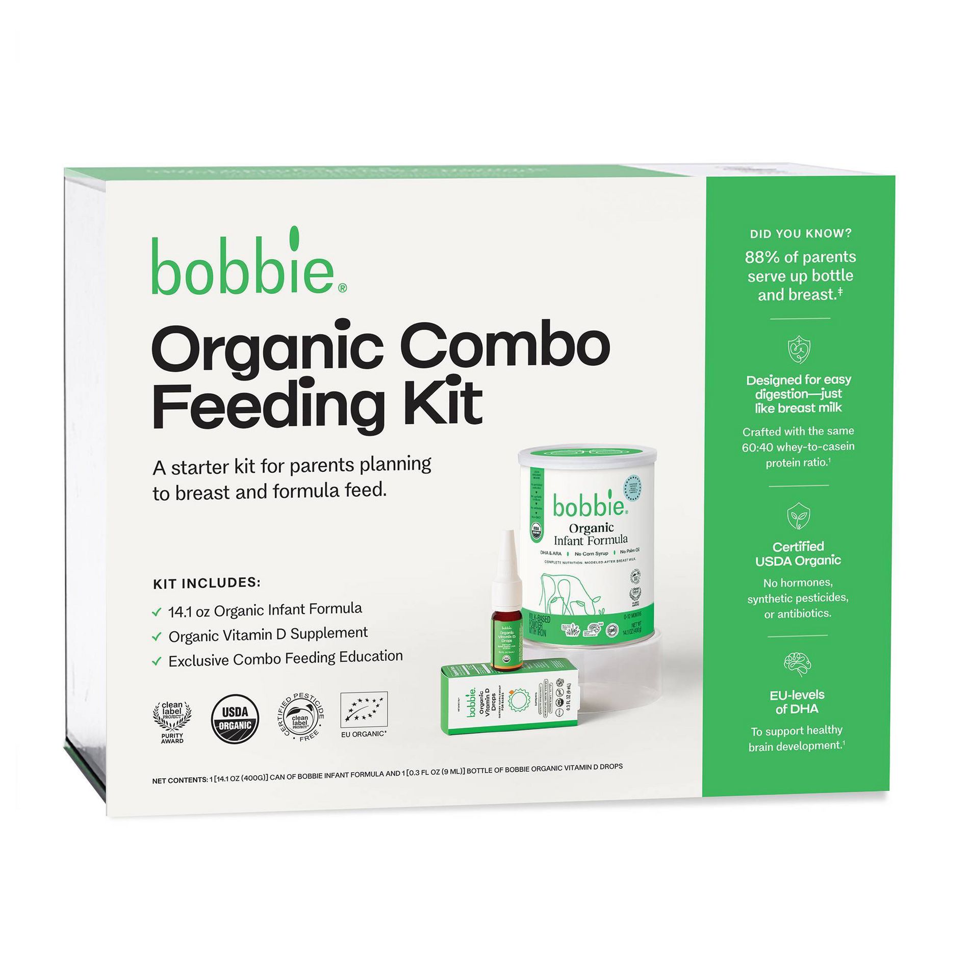Bobbie Organic Combo Feeding Kit - Organic Infant Powder Formula and Vitamin D Supplement - 14.1oz