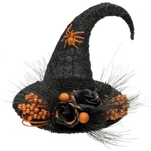 Northlight 16" Black Tinsel Witch's Hat with Orange Glittered Roses Halloween Decoration - 1 of 3