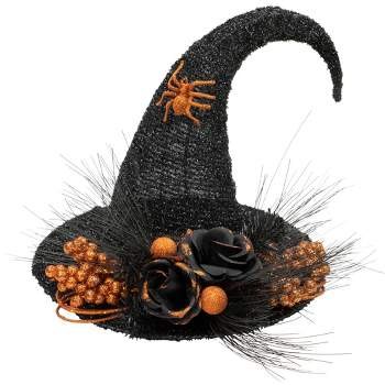 Northlight 16" Black Tinsel Witch's Hat with Orange Glittered Roses Halloween Decoration