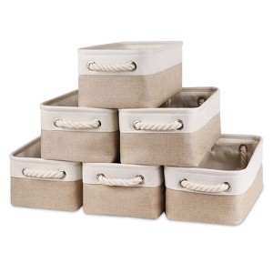 Itopfox Small Fabric Storage Bins, 6-Pack Beige Collapsible Baskets for Shelves, Baby Clothes, Bathroom Organization (White & Beige) - 1 of 4