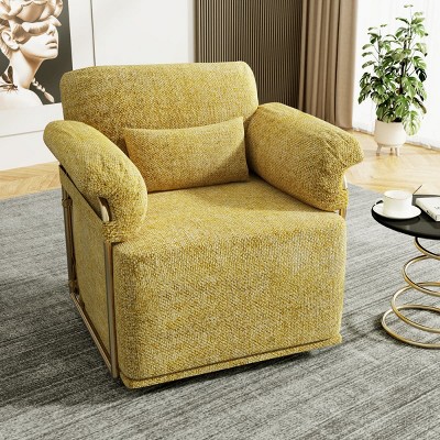 360° Swivel Accent Chair with Gold Metal Frame, Fluffy Upholstered Armchair for Living Room or Bedroom, Modern Square Lounge Chair-Maison Boucle