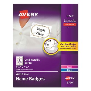 Avery Flexible Adhesive Name Badge Labels, 3 3/8 x 2 1/3, White/Gold Border, 120/PK - 1 of 4