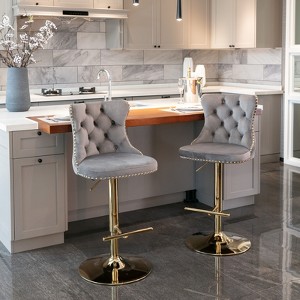 VYNXARIA Golden Swivel Velvet Barstools Adjusatble Seat Height from 25-33 Inch, Modern Upholstered Bar Stools,Gray,Set of 2 - 1 of 4