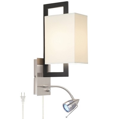 Possini Euro Design Modern Wall Lamp LED Gooseneck Brushed Nickel Matte Black Plug-In Light Fixture Off White Shade Bedroom