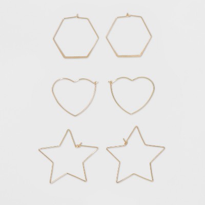 Hoop Trio with Hexagon, Heart, and Star Shape Earring Set 3pc - Wild Fable™ Gold