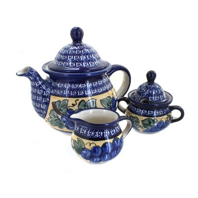 Blue Rose Polish Pottery Grapes Three Piece Tea Set with Cobalt Trim