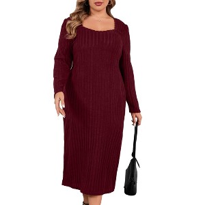 Women Plus Size Sweater Dress Plus Size Dresses Sweetheart Collar Long Sleeve Casual Fall Winter Tunic Knit Dress - 1 of 4