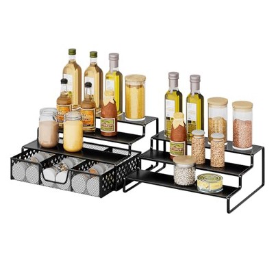 Simple Trending Spice Rack Organizer for Cabinet, 2 Pack 3 Tier Seasoning Organizer, Expandable Shelf, Step Storage Holder, Metal, Black