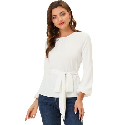 INSPIRE CHIC Women's Pleated Neck Lantern Sleeve Tie Waist Chiffon Blouse