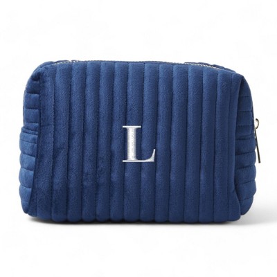 Personalization Mall Embroidered Initial Small Navy Velvet Makeup Bag