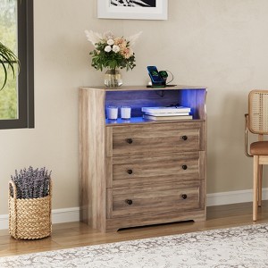 31.5"Small Wood Dresser with 3 Drawers, Wooden Dresser with Charging Station and LED Lights, Narrow Chest of Drawers for Nursery, Bedroom - 1 of 4