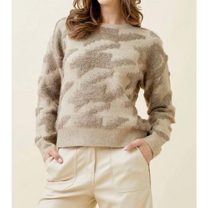 Women's Houndstooth Fuzzy Pullover Sweater - mystree - 1 of 4