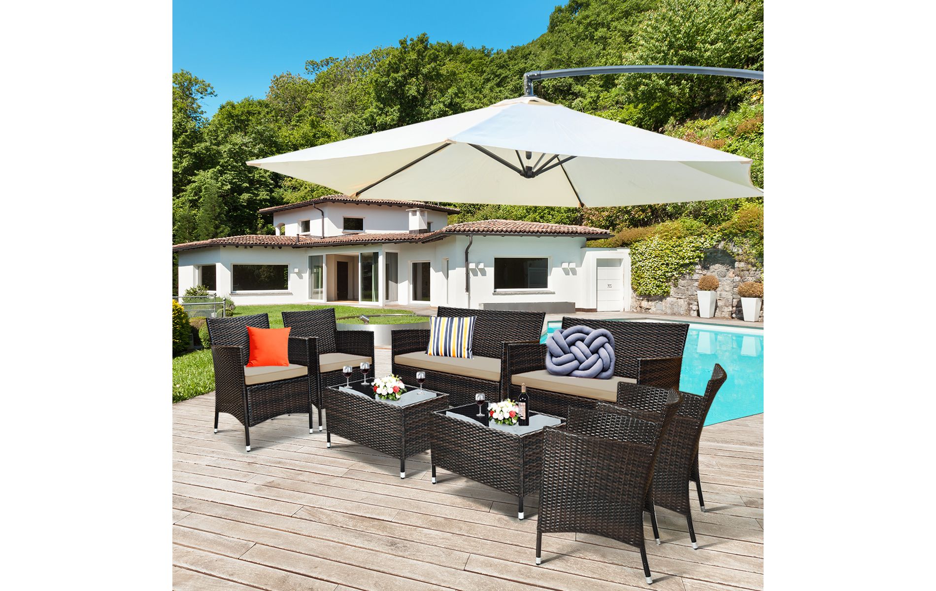 Costway 8PCS Rattan Patio Furniture Set Cushioned Sofa Chair Mix Brown