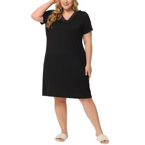 Agnes Orinda Women's Plus Size Solid Comfort Lace V Neck Short Sleeves Midi Knit Nightgowns - 1 of 4