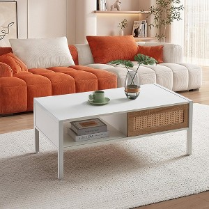 QingMoon Rattan Coffee Table, 40.16" Rectangle Wooden Center Table, with Storage Sliding Door and Metal Legs for Living Room, Apartment - 1 of 4