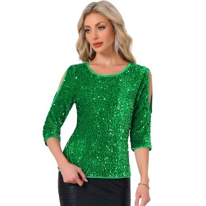 INSPIRE CHIC Women's Sparkle Sequin Cut Out Half Sleeve Party Club Velvet Blouse - 1 of 4