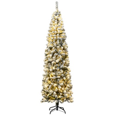 Costway 7.5ft Pre-lit Snow Flocked Artificial Pencil Christmas Tree ...