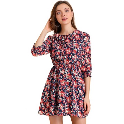 Allegra K Women's Ruffled Tie Neck 3/4 Puff Sleeve Flowy Mini Floral Dress