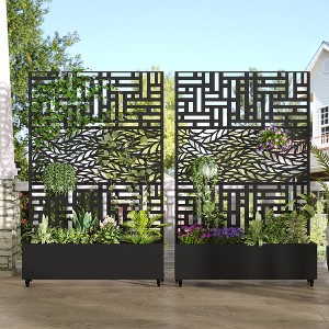 Wooakway 72"H Two-tone Patio Planter Box with Trellis Metal Raised Garden Bed Black Decorative Privacy Screen with Wheels - 1 of 4