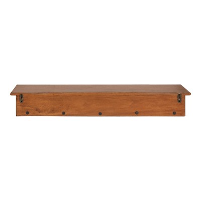 Walnut Brown 36" Floating Wood Shelf with Hooks