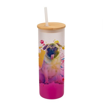 100 North 25 Ounce Frosted Glass Gradient Travel Tumbler With Straw & Wooden Lid, Pug Dog Paint Splatter Pink