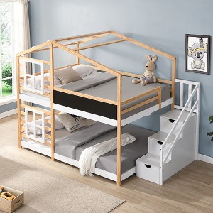 Racxily Bunk Bed House Bed With Roof Windows Blackboard And Storage Ladder Platform Bed, Bed Frame - 1 of 4