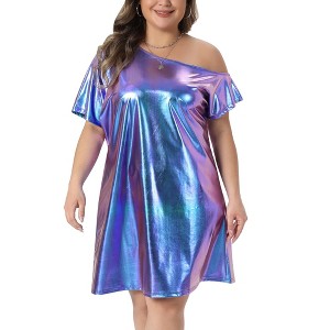 Women's Plus Size Off the Shoulder Metallic Glitter Party Clubwear Holographic Disco Midi T-Shirt Dresses - Agnes Orinda - 1 of 4