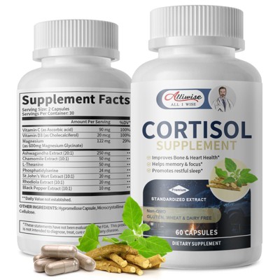 Alliwise Cortisol Supplements for Women and Men, with Magnesium, Ashwagandha, L-Theanine,Balanced Cortisol Levels for Mood,Focus - 60ct