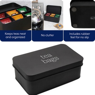 Black Enamelware Tea Bag Storage Box with White Lettering