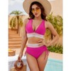 Women  Embroidered Cuff 2 Piece Bikini Sets V Neck Tummy Control High Waisted Swimsuits Bathing Suit with Side Tie Ruched Swimsuit Bottom - 3 of 4