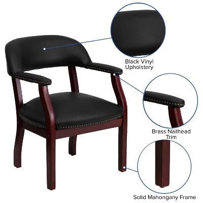 Elegant Black Vinyl and Wood Office Chair with Brass Nail Trim