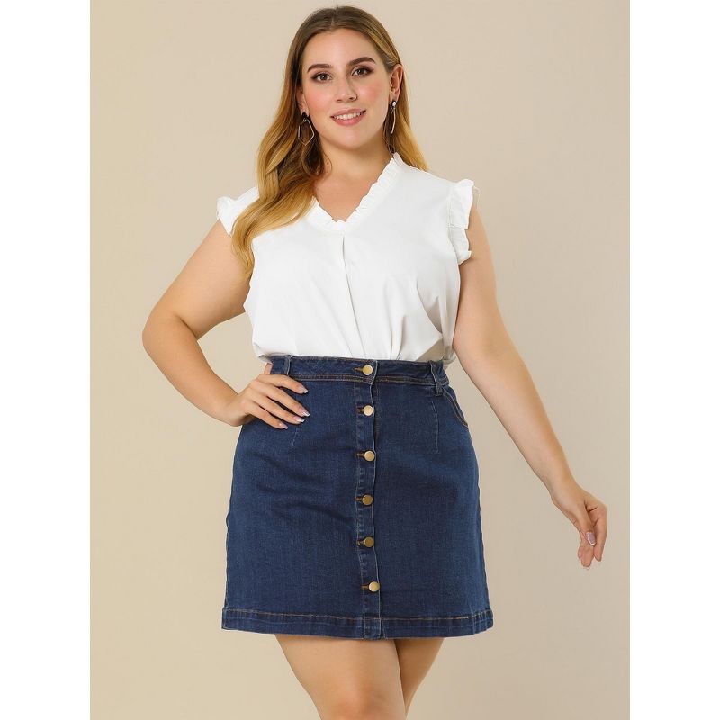 Agnes Orinda Women's Plus Size Denim Button Side Pocket Casual Jean A-Line Mini Skirt, 4 of 7