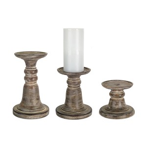 HomeRoots Set of Three Brown Distressed Stone Tabletop Taper Candlesticks - 1 of 4