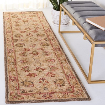 Hand Tufted Beige Wool Runner Rug with Ornate Floral Motifs