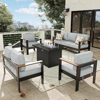 LayinSun 5 Pieces Aluminum Outdoor Patio Furniture Set with Fire Pit Table, Outside Metal Patio Conversation Sets with Deep Seating and Thick Cushions