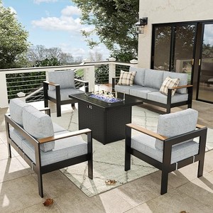 LayinSun 5 Pieces Aluminum Outdoor Patio Furniture Set with Fire Pit Table, Outside Metal Patio Conversation Sets with Deep Seating and Thick Cushions - 1 of 4