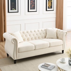 80-Inch Velvet Chesterfield Sofa with Tufted Design, Rolled Arms, and Nailhead Trim - 3-Seater for Living Room, Includes Two Pillows - 1 of 4