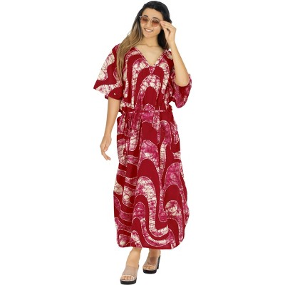 LEELA Women's Summer Maxi Nightdress Cover Up Gown Caftan Loungewear Dashiki House Dresses for Women 3X-4X Red, Abstract