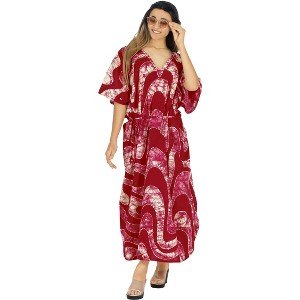 LEELA Women's Summer Maxi Nightdress Cover Up Gown Caftan Loungewear Dashiki House Dresses for Women 3X-4X Red, Abstract - 1 of 4