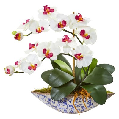 Nearly Natural 16-in Phalaenopsis Orchid Artificial Arrangement in Vase