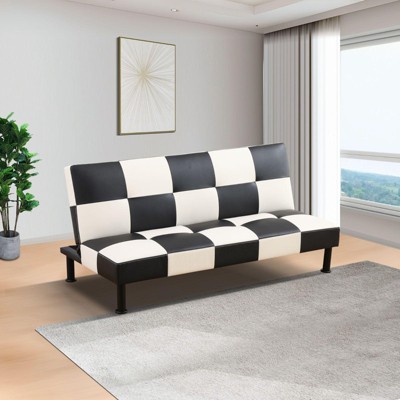 DOMETOUR Black & White Faux Leather Convertible Sofabed - Modern Living Room Sleeper Sofa