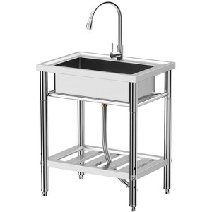 Stainless Steel Utility Sink, Single Bowl Kitchen Sink with Cold and Hot Water Pipe & Shelf, Stainless Steel Sink for Laundry Room Bathroom Farmhouse - 1 of 4