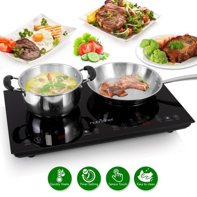 NutriChef Dual Induction Cooktop - Ceramic Tempered Glass Electric Hot Plate with Digital Display (PKSTIND48) - 14.2” x 23.6” - 1800W