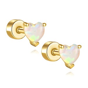 Heart Flat Back Opal Earrings for Cartilage Helix Tragus Lobe16g Gold over Sterling Silver Studs Pair by Ginger Lyne - 1 of 4