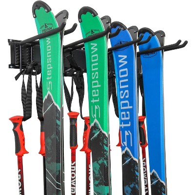 RaxGo Ski Wall Rack, Holds 4 Pairs of Skis & Skiing Poles or Snowboard, for Home and Garage Storage, Wall Mounted, Heavy Duty, Adjustable Rubber-Coated Hooks