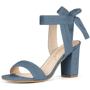 Allegra K Women's Back to College Faux Suede Open Toe Ankle Tie Back Chunky Heel Sandals - 1 of 4